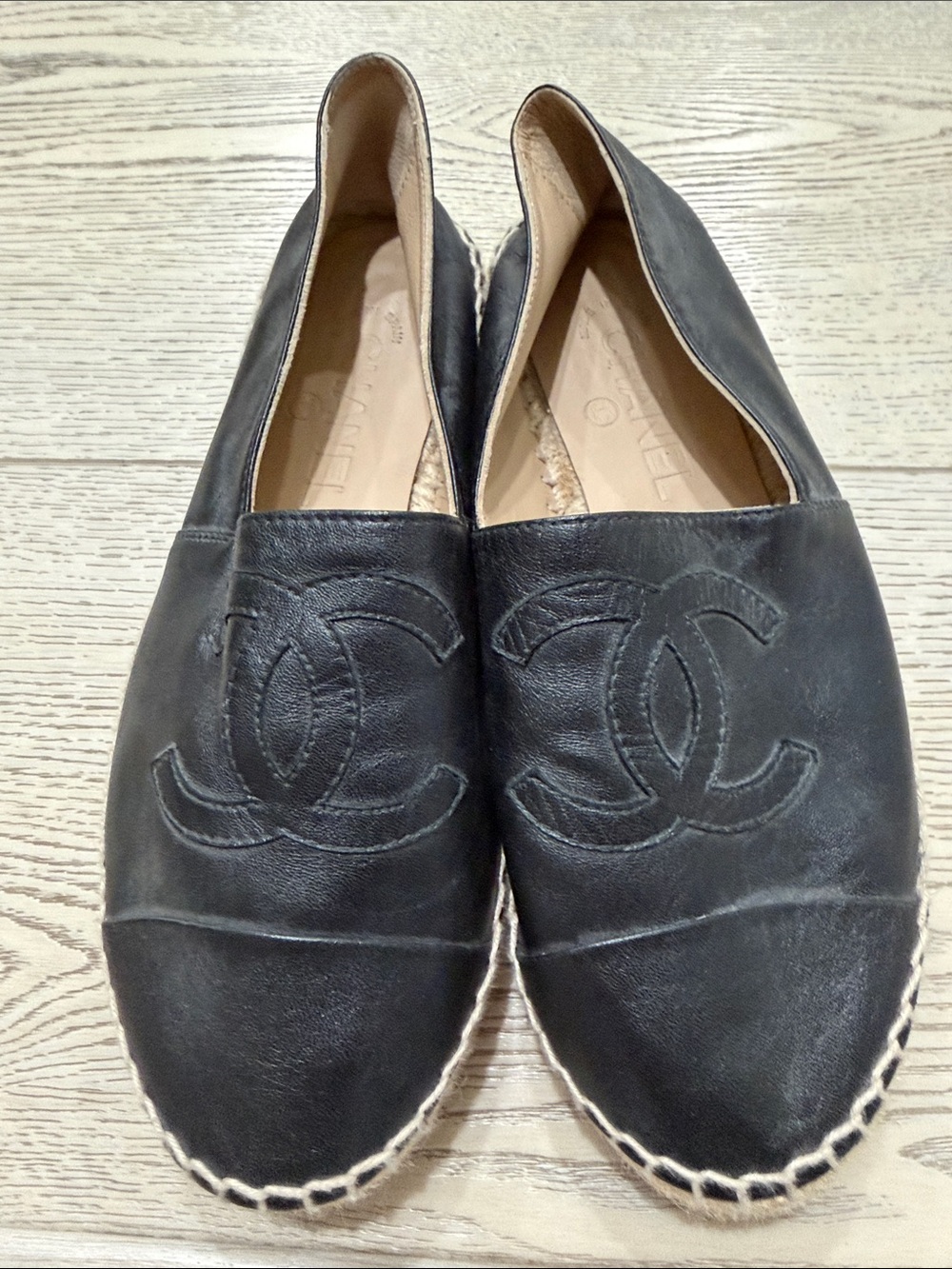 CHANEL Black Leather Espadrilles with CC Logo